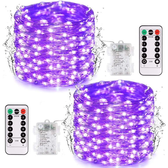 Morttic 2 Set Battery Operated Fairy Lights , 33FT 100 LED Copper Wire String Lights with Remote Control Timer 8 Modes for Garden, Christmas Party, Indoor and Outdoor Decor,Purple