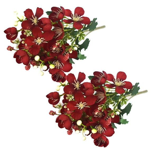 Morttic 2 pcs Artificial Flowers Stem Succulents Plant 5 Forks Fake Cherry Blossoms Flowers Vase Arrangements for Wedding Christmas Home Decor(Red)