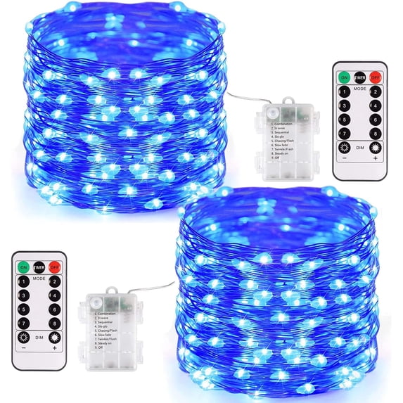 Morttic 2 x Fairy Lights Battery Operated, 8 Mode 33Ft 100 LEDs Copper Wire String Lights with Remote Control for Bedroom Christmas Party Wedding Decoration ,Blue