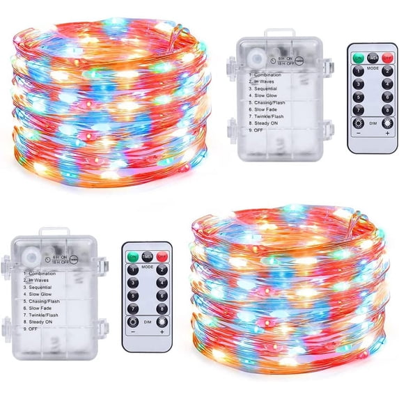 Morttic 2 x Fairy Lights Battery Operated, 8 Mode 33Ft 100 LEDs Copper Wire String Lights with Remote Control for Bedroom Christmas Party Wedding Decoration , Multicolor