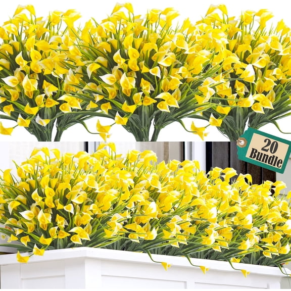 Morttic 20 Bundles Artificial Calla Lily Flower Plants Outdoor UV Resistant Decoration (Yellow)