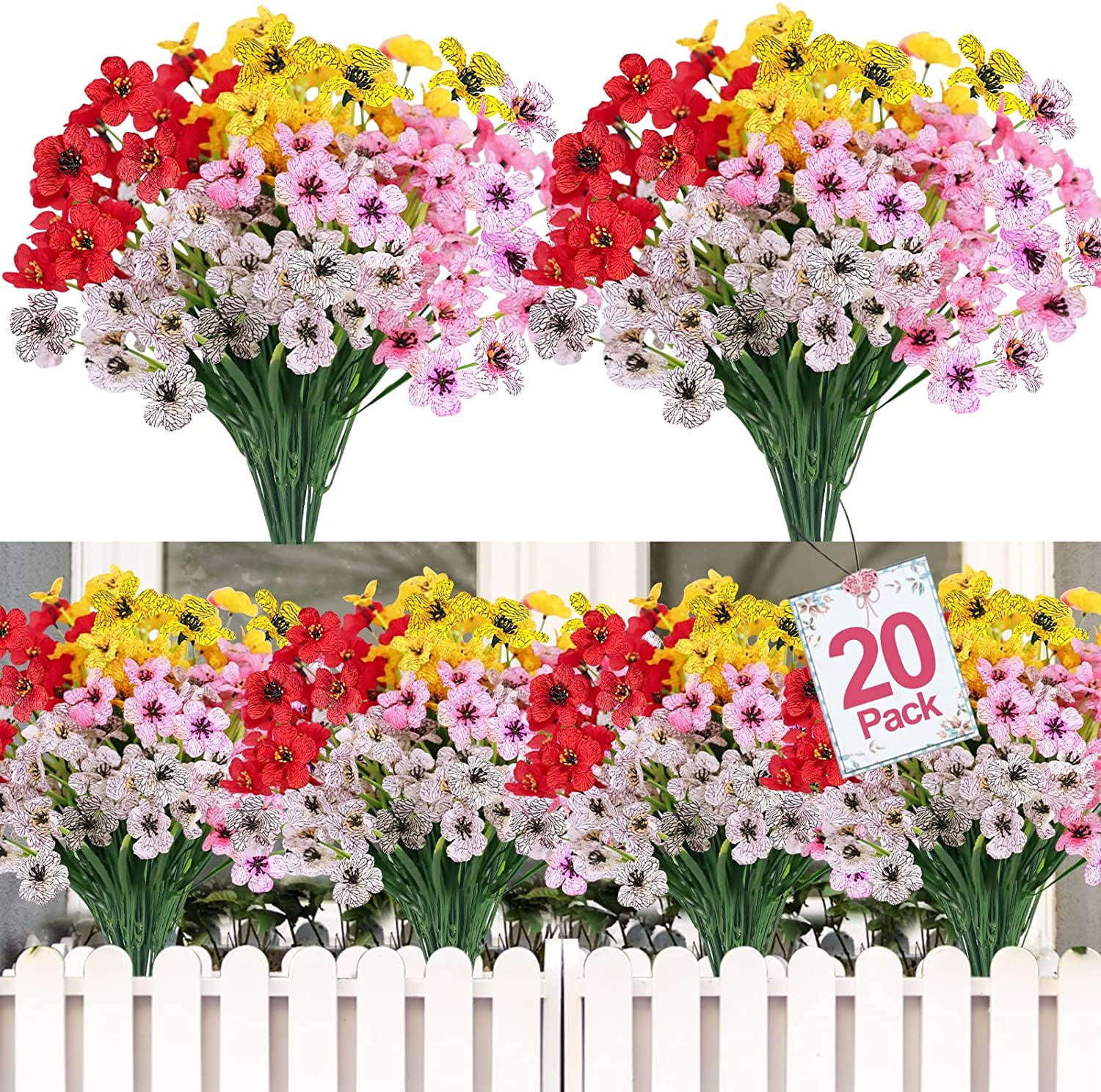 Morttic 20 Bundles Silk Flowers Spring Outdoor Artificial Flowers UV ...