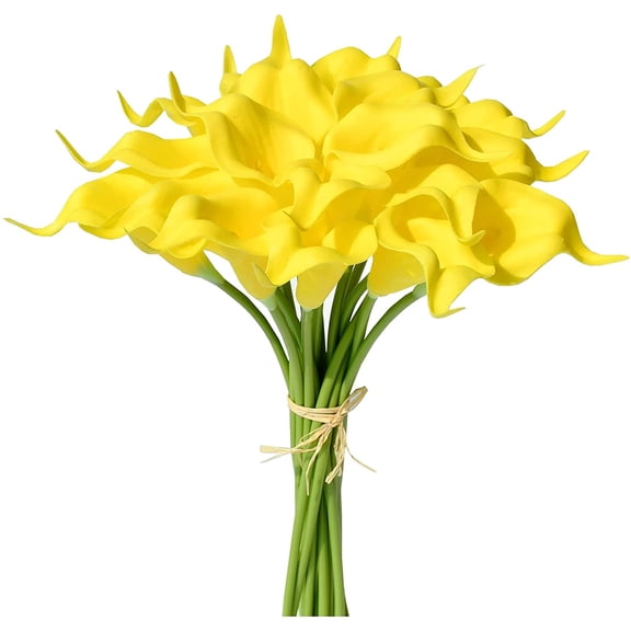 Morttic 20pcs Artificial Calla Lily Silk Flowers 13.4" for Home Kitchen Wedding Table Decoration (Pure Yellow)