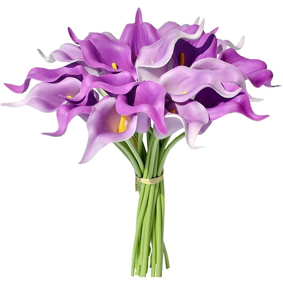 Morttic 20pcs Artificial Calla Lily Silk Flowers 13.4" for Home Kitchen Wedding Table Decoration (Shades of Purple)