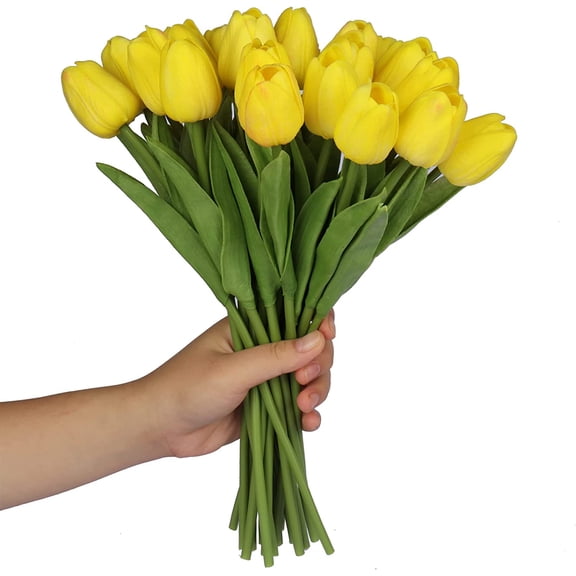 Morttic 20pcs Artificial Yellow Tulip Flowers Faux Tulip Stems PU Real Touch Tulips for Easter Spring Wreath Floral Arrangement Centerpiece Wedding Bouquet Memorial Day Cemetery Decor, Yellow