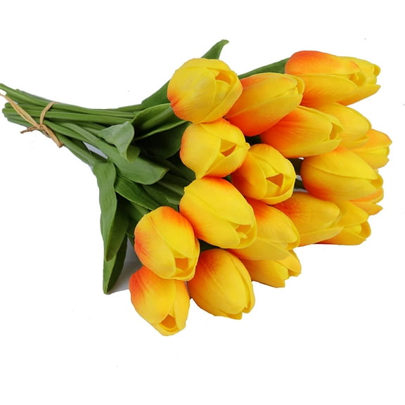 Morttic 20pcs Artificial Yellow Tulip Flowers Faux Tulip Stems PU Real Touch Tulips for Easter Spring Wreath Floral Arrangement Centerpiece Wedding Bouquet Memorial Day Cemetery Decor, Orange