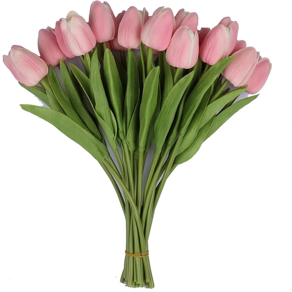 Morttic 20pcs Artificial Yellow Tulip Flowers Faux Tulip Stems PU Real Touch Tulips for Easter Spring Wreath Floral Arrangement Centerpiece Wedding Bouquet Memorial Day Cemetery Decor, Pink