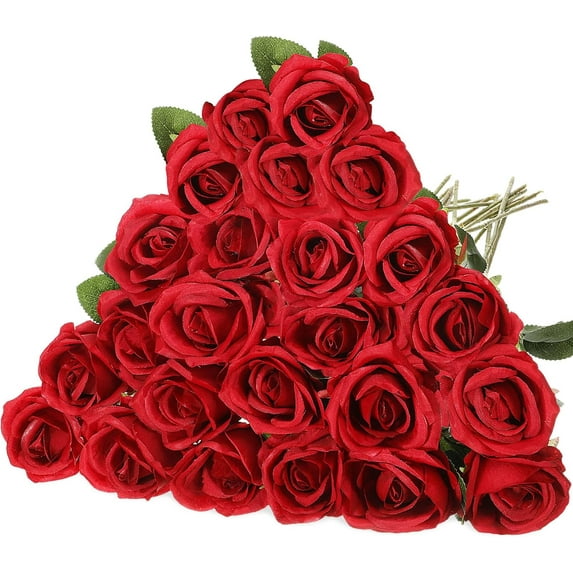 Morttic 24 Pcs Rose Artificial Flowers with Long Stem Realistic Silk Roses Bulk Real Touch Plastic Bouquet of Roses for Home Bridal Wedding Party Table Centerpieces Decorations (Red)