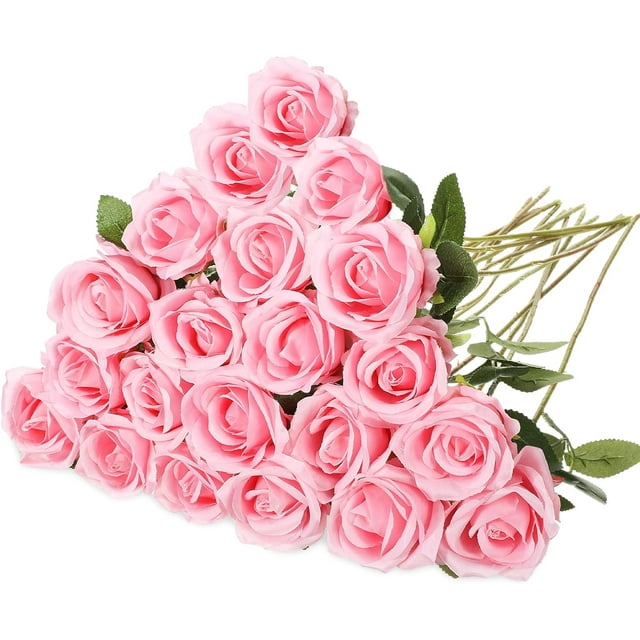 Morttic 24 Pcs Rose Artificial Flowers with Long Stem Realistic Silk Roses Bulk Real Touch Plastic Bouquet of Roses for Home Bridal Wedding Party Table Centerpieces Decorations (Pink)