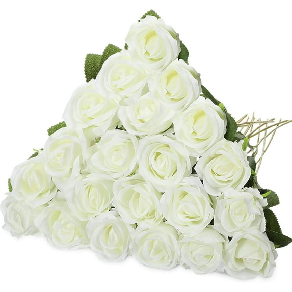 Morttic 24 Pcs Rose Artificial Flowers with Long Stem Realistic Silk Roses Bulk Real Touch Plastic Bouquet of Roses for Home Bridal Wedding Party Table Centerpieces Decorations (White)