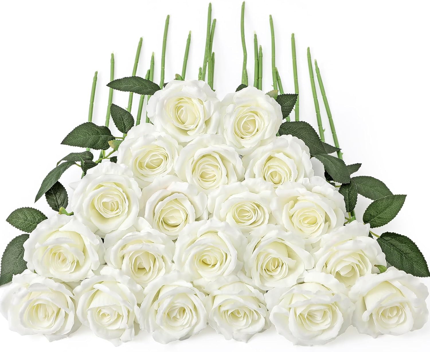 Morttic 24Pcs Fake Roses, Big Flower Head White Roses Artificial Flowers with Stems for Wedding Decorations, Fake Roses Bouquet for DIY Home Party Decor
