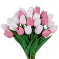 thumbnail image 1 of Morttic 24pcs Artificial Tulips Flowers Fake Faux PU Tulip Bouquet Real Touch Flowers Table Arrangement for Home Room Office Party Wedding Decoration (Pink and White), 1 of 9