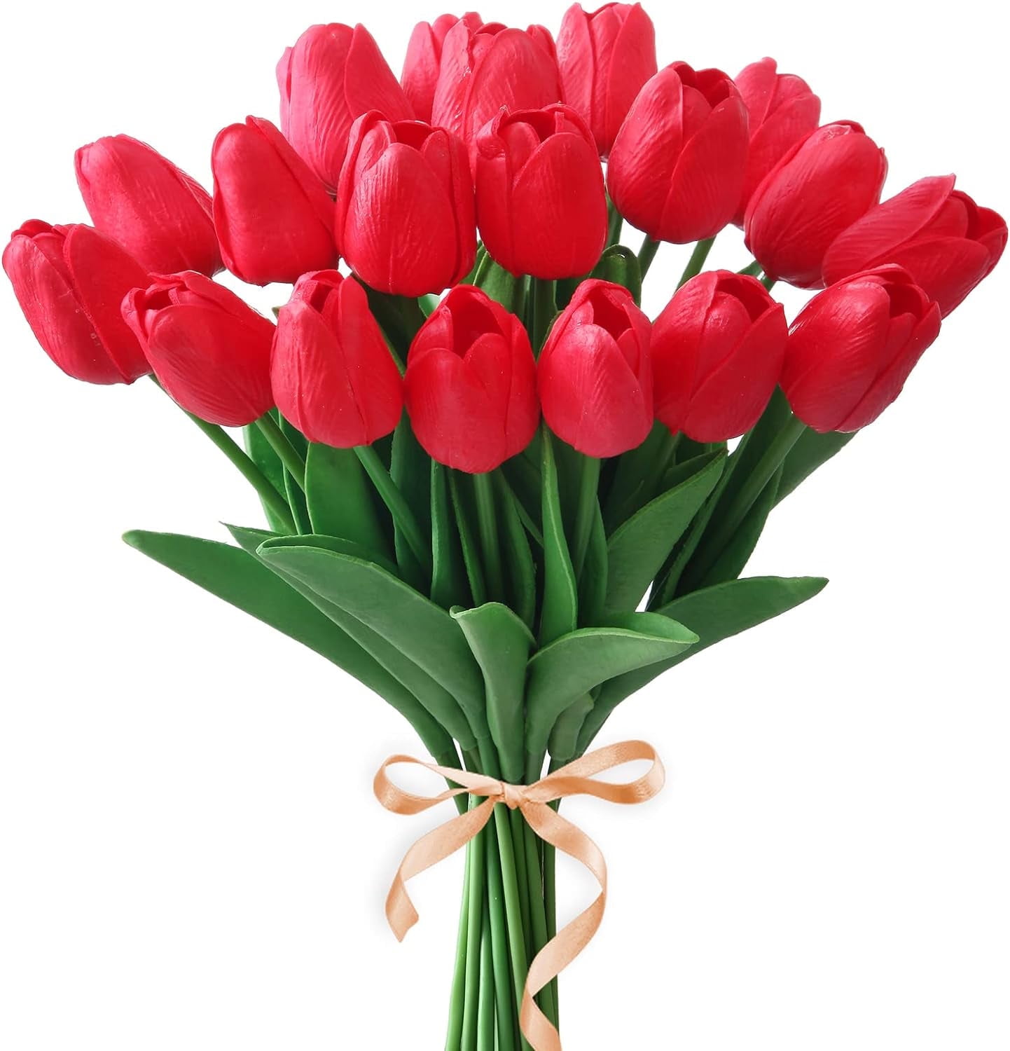 Morttic 24pcs Artificial Tulips Flowers Fake Faux PU Tulip Bouquet Real Touch Flowers Table Arrangement for Home Room Office Party Wedding Decoration (Red)