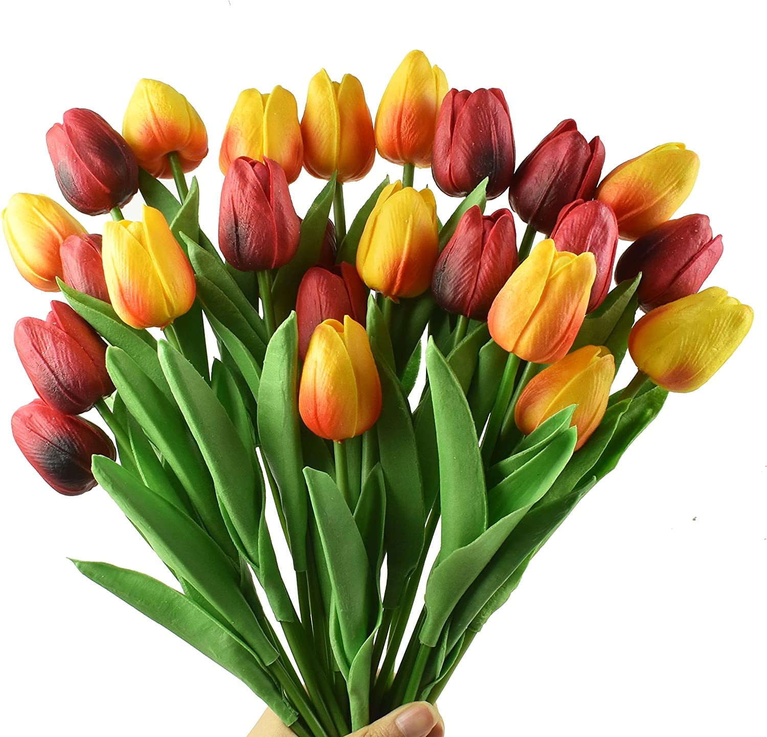 Morttic 24pcs Artificial Tulips Flowers Fake Faux PU Tulip Bouquet Real Touch Flowers Table Arrangement for Home Room Office Party Wedding Decoration (Red and Orange)