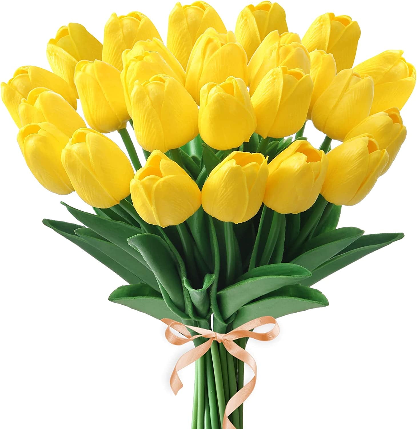 Morttic 24pcs Artificial Tulips Flowers Fake Faux PU Tulip Bouquet Real Touch Flowers Table Arrangement for Home Room Office Party Wedding Decoration (Yellow)