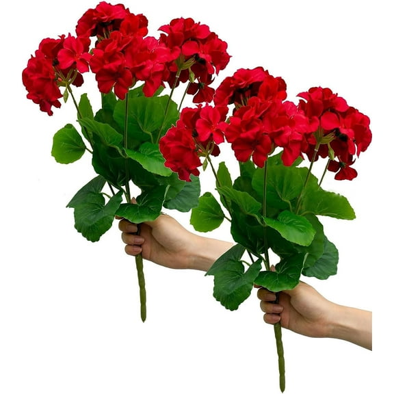 Morttic 2PCS 5 Heads Artificial Red Pink White Geranium Bush,Fake Geranium Bush for Cemetery Vases, 14in Artificial Geraniums Silk Flowers, Faux Cemetary Vase Table Centerpiece(Red)