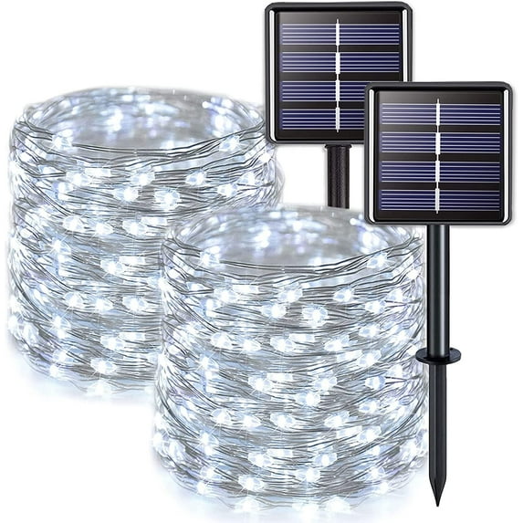 Morttic 2Pack 33ft Solar String Lights , 100 LED Fairy Lights Outdoor Waterproof Christmas Lights for Trees Garden Patio Yard Fence Decor (Cool White)