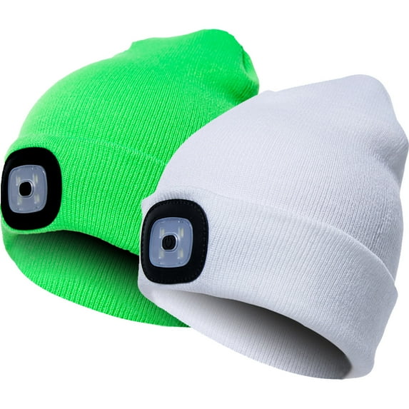 Morttic 2Pcs Unisex Knit Beanie Hat with Headlamp Button Battery Knit Hat With Light LED Knit Hat Winter LED Hat Light