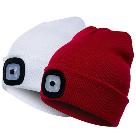 Morttic 2Pcs Unisex Knit Beanie Hat with Headlamp Button Battery Knit Hat With Light LED Knit Hat Winter LED Hat Light