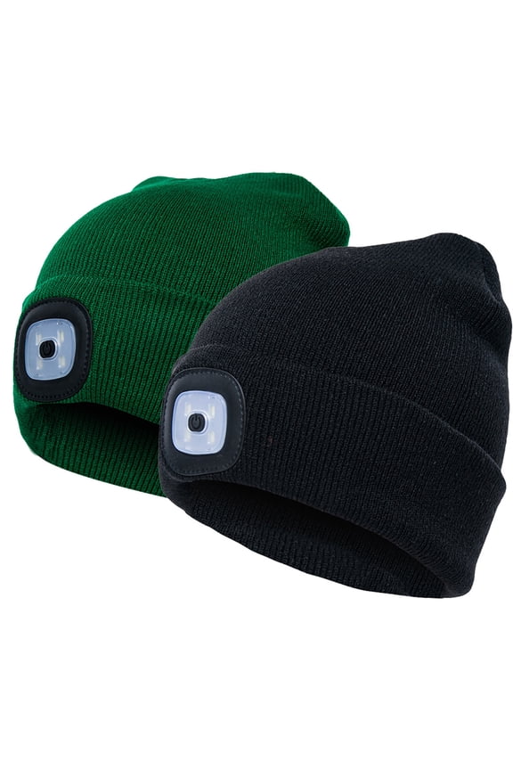 Morttic 2Pcs Unisex Knit Beanie Hat with Headlamp Button Battery Knit Hat With Light LED Knit Hat Winter LED Hat Light