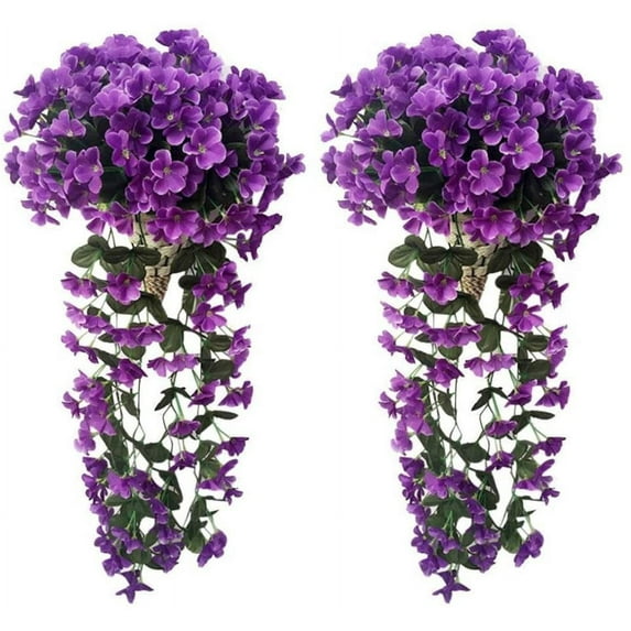 Morttic 2 Pack Artificial Hanging Flowers, Fake Hanging Plants Colorful Orchid Flower Bouquet for Wall Home Room Garden Wedding Indoor Outdoor Decoration (Purple)