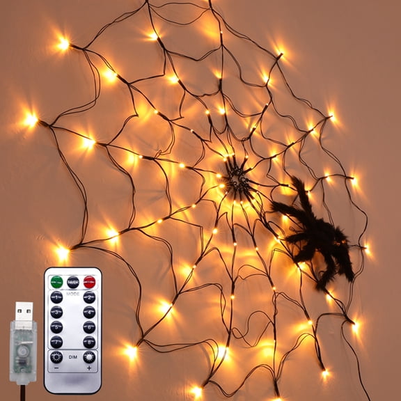Morttic 3.3FT 8 Modes Halloween Spider Web Lights Decorations, 70 LEDs Warm White Waterproof Lights with Black Spider, Indoor and Outdoor Halloween Decorations, Haunted House Halloween Decor