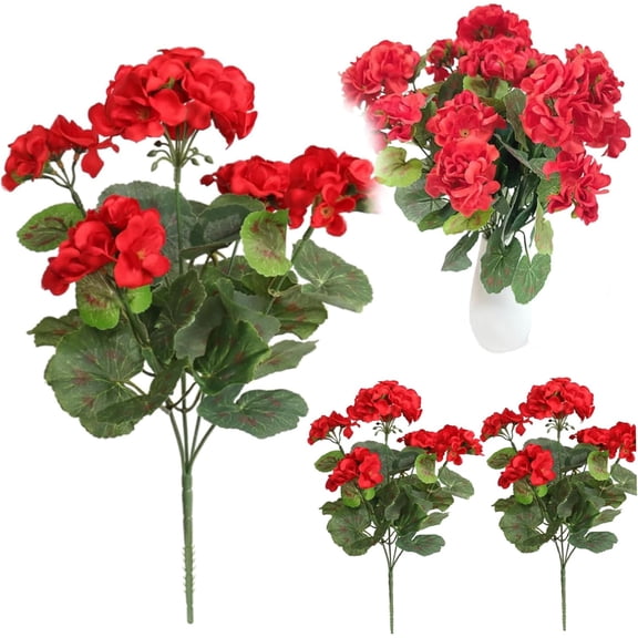 Morttic 3PCS Artificial Geraniums for Outdoors 14inch Silk Outdoor Artificial Flowers Artificial Red Geraniums Uv Resistant Bendable Faux Flowers Outdoor Long-lasting Fake Flower for Home Wedding Red