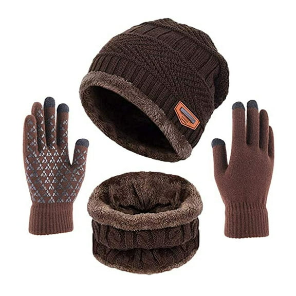 Morttic 3 in 1 Winter Hat Scarf Gloves Set for Men and Women Warm Beanie Hat Fleece Knit Skull Cap Mittens Circle Scarves Touchscreen Gloves (Coffee)
