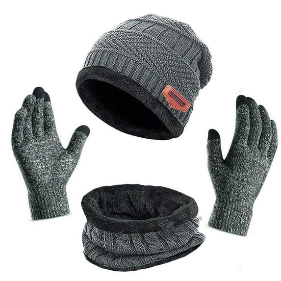 Morttic 3 in 1 Winter Hat Scarf Gloves Set for Men and Women Warm Beanie Hat Fleece Knit Skull Cap Mittens Circle Scarves Touchscreen Gloves (Grey)