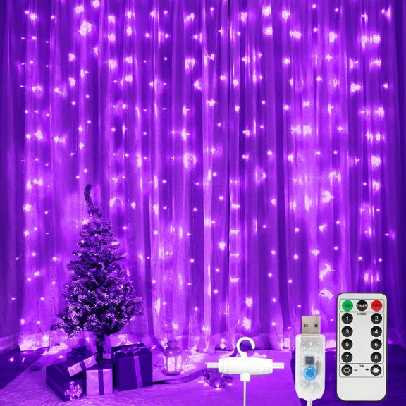 Morttic 300 LEDs Curtain String Light, 9.8FT x 9.8FT 8 Lighting Modes Fairy Window String Lights Wedding Party Home Garden Bedroom Outdoor Indoor Wall Decorations (Purple)