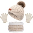 thumbnail image 1 of Morttic 3Pcs Toddler Boys Girls Winter Beanie Hat Scarf Gloves Set, Kids Warm Fleece Lining Hat Beanie Sets For age 2-6 Years (Beige), 1 of 4