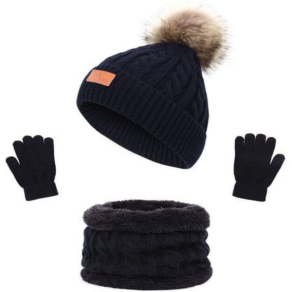 Morttic 3Pcs Toddler Boys Girls Winter Beanie Hat Scarf Gloves Set, Kids Warm Fleece Lining Hat Beanie Sets For age 2-6 Years (Black)