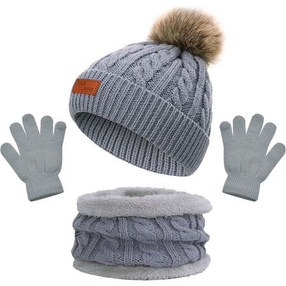 Morttic 3Pcs Toddler Boys Girls Winter Beanie Hat Scarf Gloves Set, Kids Warm Fleece Lining Hat Beanie Sets For age 2-6 Years (Gray)