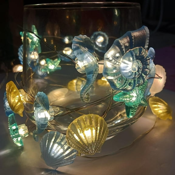 Morttic 3m 30 LED Ocean Themed String Lights, Battery Powered Remote Seahorse Starfish Conch String Lights Decor