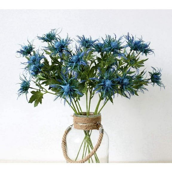 Morttic 3pcs Artificial Flowers Thistle Eryngium Foetidum Fake Sea Holly Flowers for Wedding Bouquet Centerpiece Home Decor, Blue