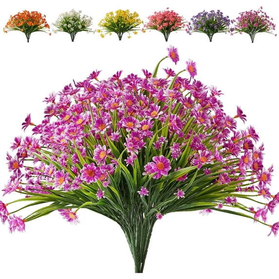 Morttic 4 Bundles Artificial Daisies Flowers Outdoor UV Resistant Fake Foliage Greenery Faux Plants Shrubs Plastic Bushes for Indoor Outside Decor, Fuchsia
