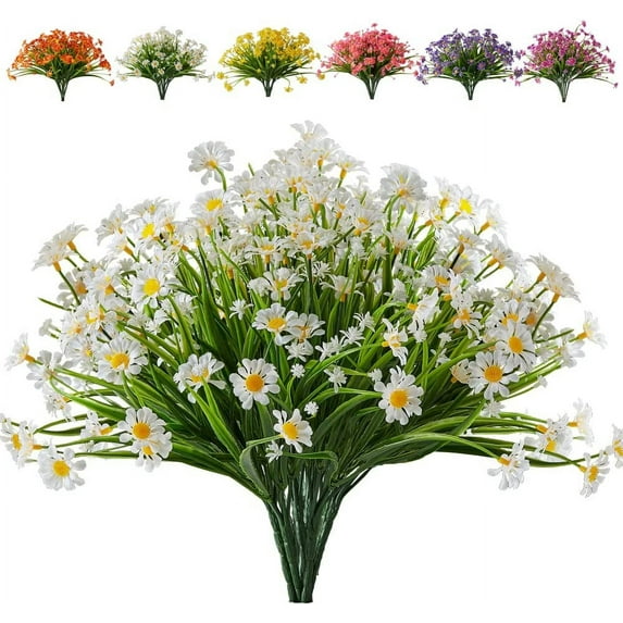 Morttic 4 Bundles Artificial Daisies Flowers Outdoor UV Resistant Fake Foliage Greenery Faux Plants Shrubs Plastic Bushes for Indoor Outside Decor, White