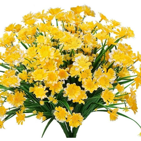 Morttic 4 Bundles Artificial Daisy Mums Flowers, Outdoor Fake Fall Flowers UV Resistant for Decoration Faux Plastic Autumn Flower Garden Porch Window Box Decor(Yellow)