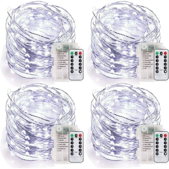 Morttic 4 Pack 33Ft 100 LED Fairy Lights Battery Operated, String Lights with 8 Modes Remote Control Timer Waterproof Copper Wire Twinkle Lights for Bedroom Wedding Party Christmas Decor, Cool White