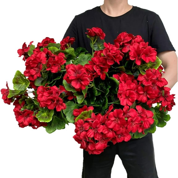 Morttic 4 Pack Artificial Geraniums Bundles Full Blooms Silk Flower Plants Geranium Bush Red Color for Home Garden Wedding Indoor Outdoor Decor (Red)