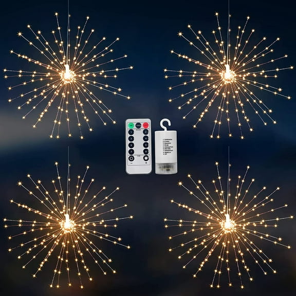 Morttic 4 Pack Christmas Outdoor Lights 200 Led Fireworks Lights Battery Powered Lantern Chandelier with Remote Control Hanging Fairy Lights for Tree Patio Bedroom Wedding Party Decoration -Warm White