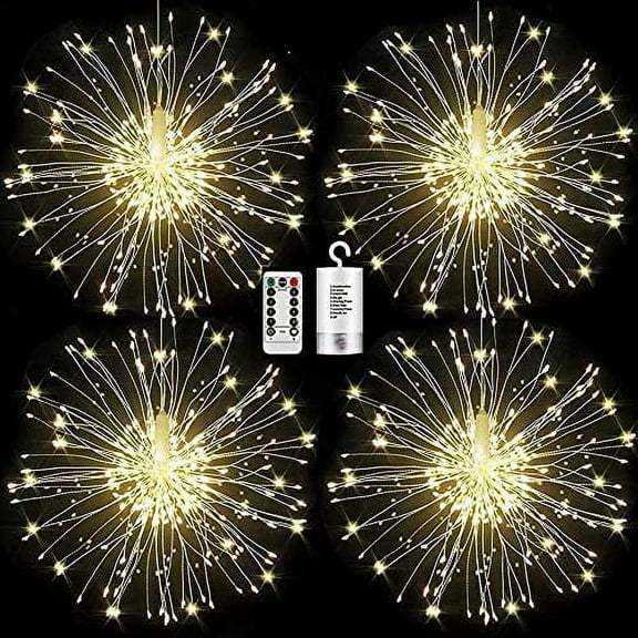 Morttic 4 Pack Firework Lights Led Copper Wire Starburst String Lights 8 Modes Battery Operated Fairy Lights with Remote, Wedding Christmas Decorative Hanging Lights for Party Patio, White