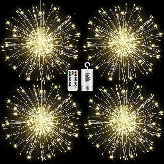 Morttic 4 Pack Firework Lights Led Copper Wire Starburst String Lights 8 Modes Battery Operated Fairy Lights with Remote, Wedding Christmas Decorative Hanging Lights for Party Patio, Warm White