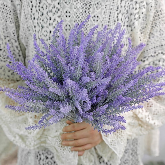 Morttic 4 Pcs Artificial Flowers Flocked Plastic Lavender Bundle Fake Plants Wedding Bridle Bouquet Indoor Outdoor Home Kitchen Office Table Centerpieces Arrangements Christmas Decor