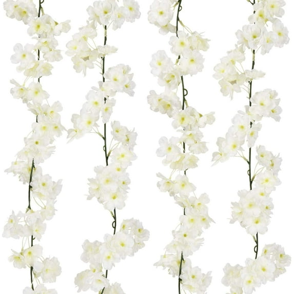 Morttic 4PCS Artificial Flower Vine Cherry Blossom Garland 5.9FT Hanging Plant Fake Silk Garland Wedding Party Decor, White