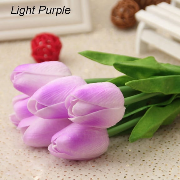 Morttic 5/10Pack Artificial Tulip Flowers 13.5 Inch PU Real Touch Tulip Bouquet Flowers Bridal Bouquets for Home Kitchen Wedding Office Party Decorations (Light purple,5pcs)
