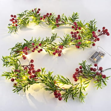 Morttic 5.9FT Artificial Christmas Garland String Lights with Snowy Red Berries 55 Green Leaves 20 LED Lights Battery Operated for Xmas Mantle Indoor Outdoor Holiday Christmas Thanksgiving Decoration