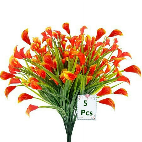 Morttic 5 Pcs Artificial Calla Lily Flower,Outdoor UV Resistant Fake Plants for Indoor Outside Hanging Planter Home Kitchen Garden Porch Decor (Orange)