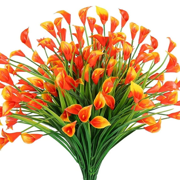 Morttic 6 Bundles Artificial Calla Lily Fake Flowers, Outdoor UV Resistant Faux Plants for Wedding Office Home Garden Decor(Orange Red)