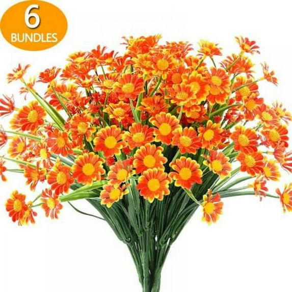 Morttic 6 Bundles Artificial Daisies Flowers UV Resistant Fake Greenery for Window Indoor Garden Decor, Orange